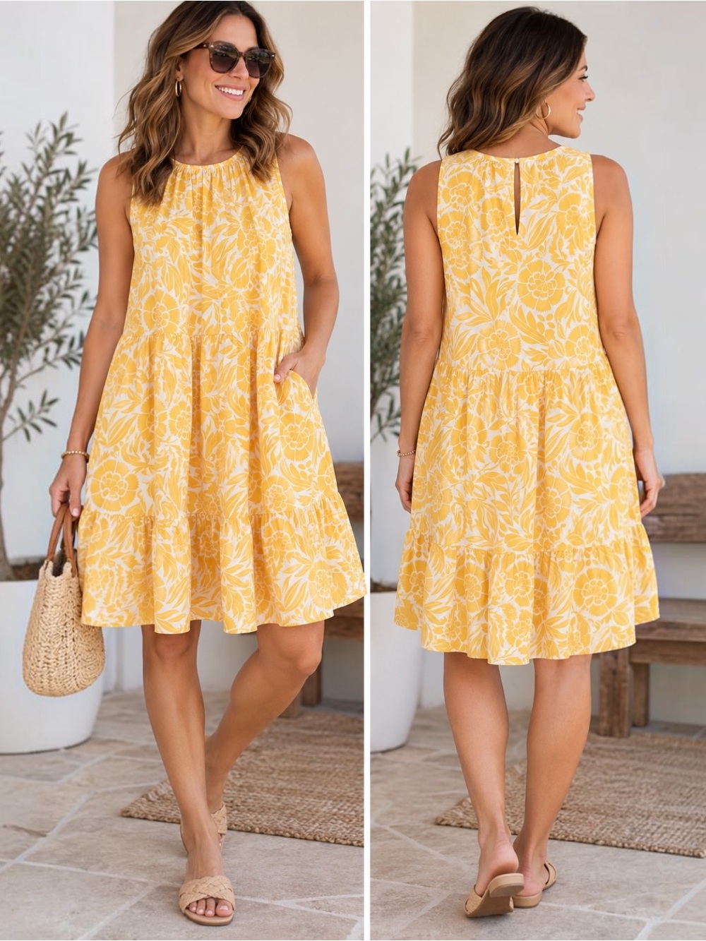 LOFT Dress Large Yellow White Floral Tiered Sleeveless Swing Summer Sundress L